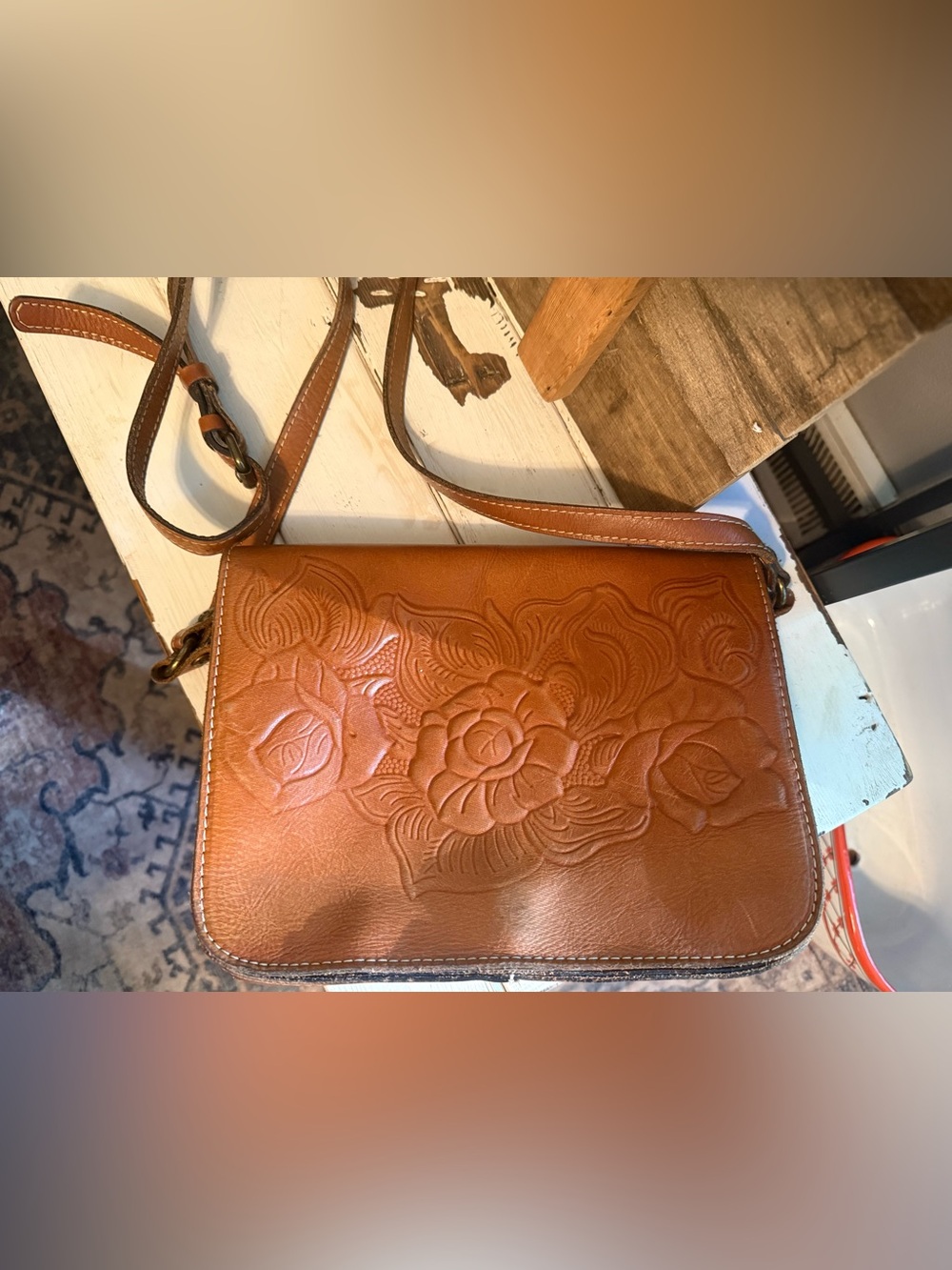 Patricia Nash Tan leather  Crossbody Bag with Embossed Floral Design
